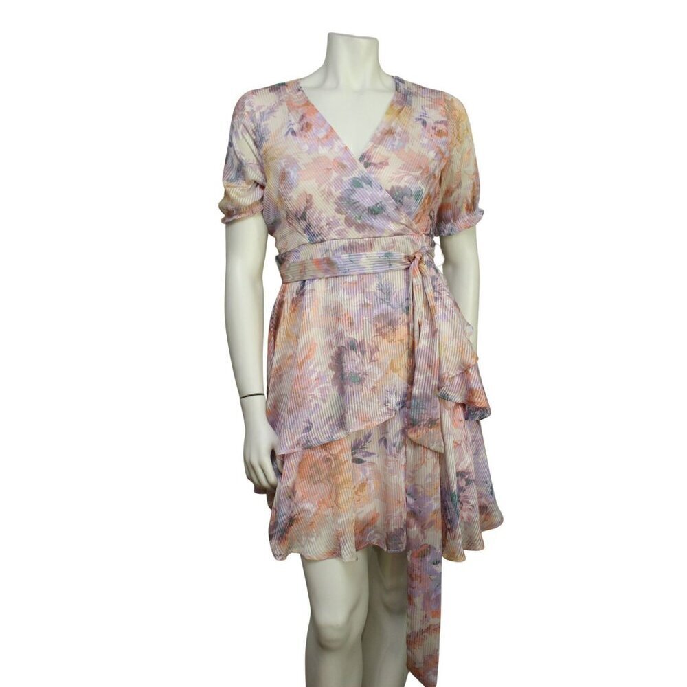 Tahari ASL Petites Pink Satin Shadow Striped Faux-Wrap Chiffon Dress Size 4P